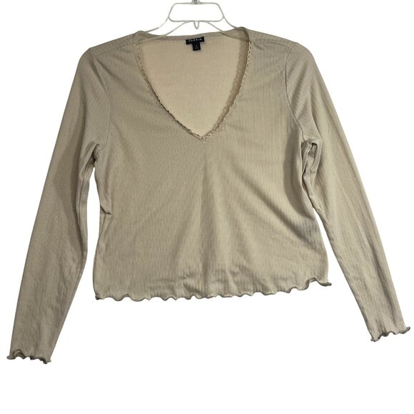 Torrid Beige Ribbed Long-Sleeve V-Neck Top w/ Lettuce Hem Trim Womens Size 0/L - Picture 1 of 4